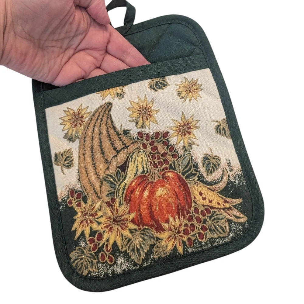 Vintage Pair Fall Thanksgiving Quilted Pumpkin Cornucopia Pocketed Potholders